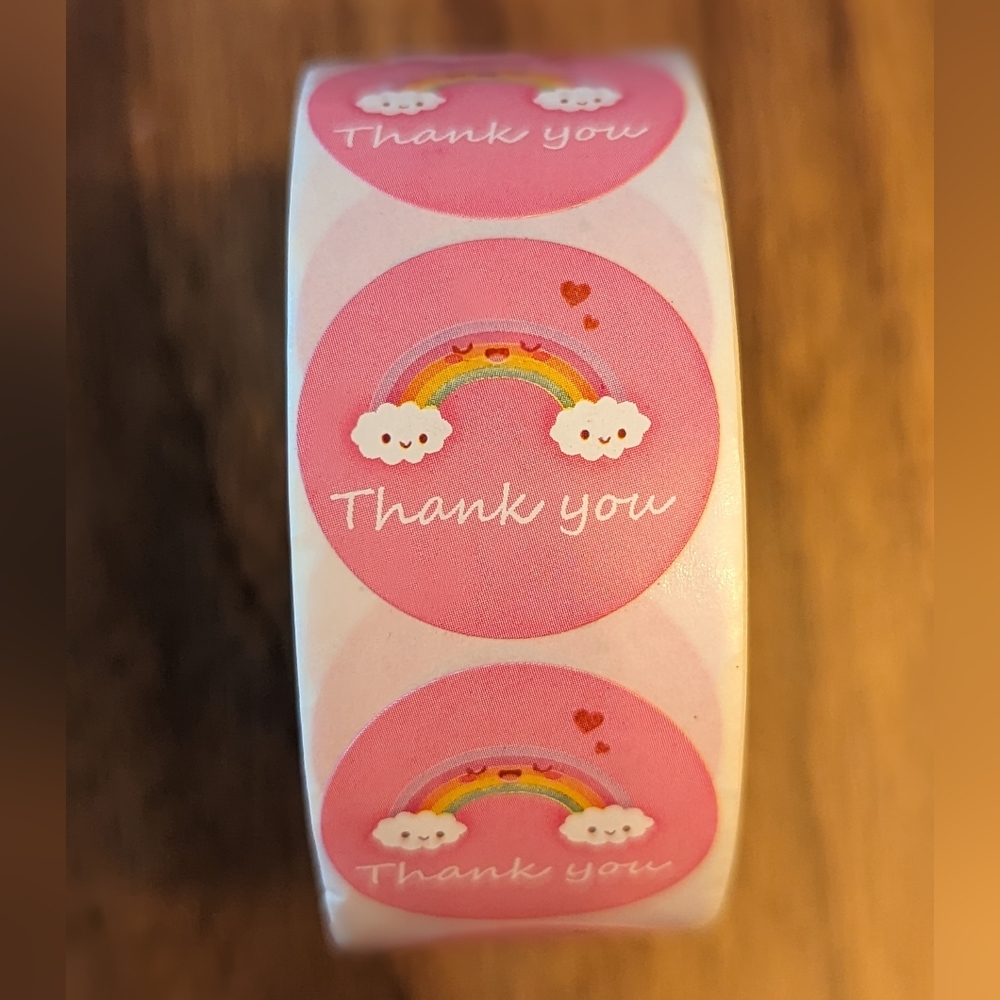 Brand New pink thank you circular stickers with clouds and rainbows 500 piece